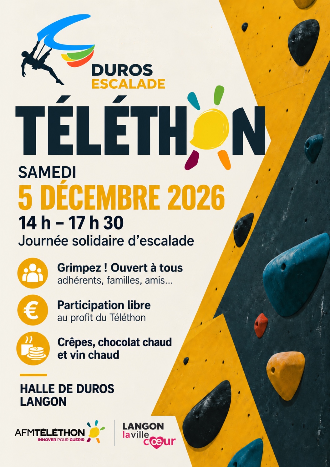 Affiche du Téléthon solidaire de Duros Escalade, samedi 5 décembre 2026, de 14 h à 17 h 30.